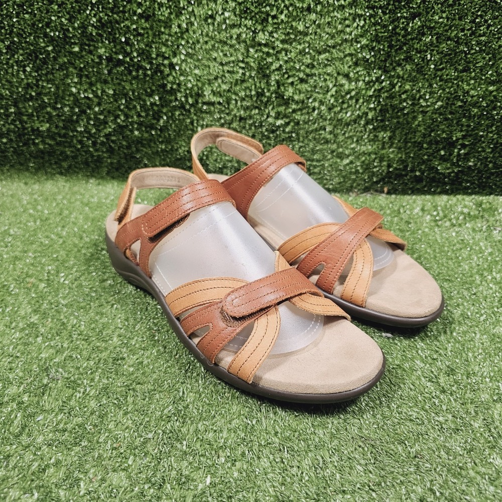 SAS Pier Two Tone Brown Leather Adjustable Straps Comfort Sandals Women 9.5 Slim